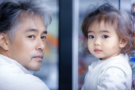 A father and child share a serene moment at a science museum The father, in a white collared shirt, tenderly looks over his shoulder at his child, who wears white with a small brown smudge Their bond and curiosity shine as they explore interactive exhibits, reflected in the glass before AI Generativeの素材