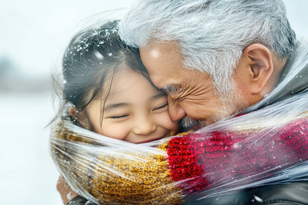 This photograph captures a father's loving embrace in a peaceful meadow, showcasing their deep connection and mutual care It's a tender moment illustrating the strength of paternal bonds, conveying warmth, security, and the essence of family love The image beautifully highlights a nurturing relationship, creating a timeless memory filled with AI Generativeの素材