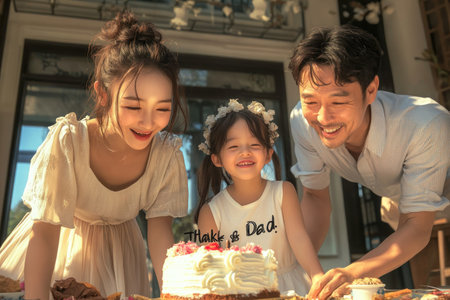 Celebrate Father's Day with a joyful party! Imagine colorful decorations, a "Thank You, Dad!" cake, and a room full of smiling faces Share love and happiness with family, showing appreciation Find party ideas, festive fun, and inspiration for decorations and gifts, making this a special day for dads AI Generativeの素材