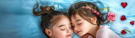 This Father's Day card background features two sleeping girls nestled on soft blue sheets, surrounded by red hearts and pink roses It's a tender scene of innocent love, enhanced with interlocking hearts and cursive text Perfect for expressing heartfelt affection and creating a love-themed card AI Generativeの素材