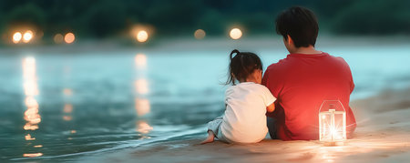 This Father's Day, celebrate the superhero dad through a child's eyes A heartwarming image captures a father in red and his daughter in white by the sea, bathed in soft light, embodying the magical bond between them Ideal for cards or gifts, this design showcases imagination and love, portraying dad AI Generativeの素材