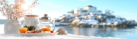 This winter scene depicts a breakfast tray outdoors, complete with tea, juice, and snacks A snow-covered house sits in the background under a clear blue sky The image is not a Father's Day banner Instead of modern design elements and text, it portrays a serene, snowy landscape AI Generativeの素材