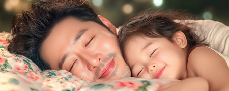 This heartwarming image captures a father's tender smile as he tucks his child into bed, radiating love and affection The scene beautifully portrays family bonding at bedtime, evoking feelings of warmth and tenderness It illustrates the unique connection between father and child as they peacefully rest AI Generativeの素材