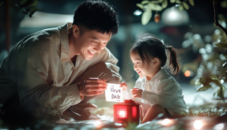 Find touching images of a father receiving a handmade "I Love You, Dad" card Capture the pure joy of fatherhood, family bonds, and a child's artwork Perfect for Father's Day, family blogs, or heartfelt stories These visuals showcase love, appreciation, and the beautiful connection between parent and child AI Generativeの素材
