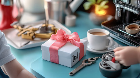 This Father's Day background image captures the spirit of appreciation A toolkit, coffee, and a " 1 Dad" ribbon-topped gift create a cozy scene, perfect for celebrating dads The design conveys heartfelt wishes with tools and treats, making it a charming way to honor fathers on their special day AI Generativeの素材