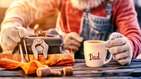 Craft a heartwarming Father's Day message with this vibrant background It features a dad's toolkit, coffee, and a " 1 Dad" ribbon, symbolizing love and celebration This high-resolution graphic, perfect for personalization, showcases classic elements of fatherhood, making it ideal for a meaningful gift AI Generativeの素材