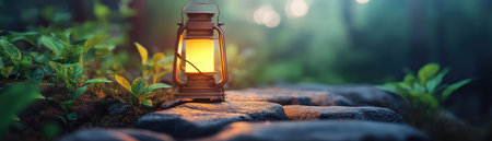 A softly glowing lantern guides you along a rugged stone path, deep into an untouched forest Vibrant flora lines the way, illuminated by the gentle light Discover tranquility and timeless beauty as nature's magic unfolds Escape to this idyllic scene, where peace and serenity await in the lush wilderness AI Generativeの素材