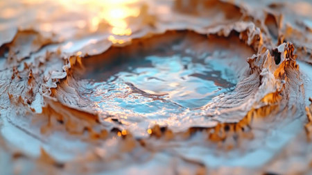 Witness dawn's serenity: dew-kissed landscape mirrors the soft sunrise on a tranquil pool Light illuminates unique terrain patterns, crafting an ethereal, peaceful atmosphere Raw beauty unfolds in this moment, where the textural land meets reflective water Explore nature's exquisite details AI Generativeの素材