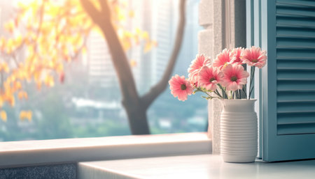 Sun-drenched pastel blooms in a small white vase grace a windowsill, filling a cozy room with their gentle fragrance Delicate pink flowers stand against a bright window, where blurred leaves and a cityscape form a serene backdrop This peaceful scene captures spring's beauty, offering a calming moment within a welcoming AI Generativeの素材