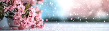 Evoke spring's magic with delicate pink blossoms, reminiscent of cherry trees, forming a romantic, falling-petal canopy Soft light illuminates the tranquil scene, featuring soft pink hues, bokeh, and a light background Ideal for backgrounds or spring designs, this image captures a peaceful, dreamy, and enchanting essence of the season AI Generativeの素材