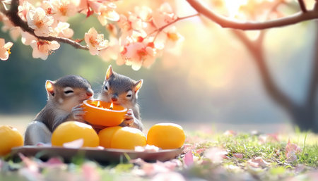 Embrace spring's renewal with a sun-drenched picnic Golden light filters through pink blossoms, illuminating adorable squirrels feasting on citrus This scene captures perfect serenity, highlighting nature's vibrant charm and wildlife's joyful embrace of the season Witness the essence of spring in this heartwarming tableau AI Generativeの素材