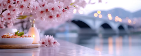 Experience the tranquil beauty of spring: cherry blossom trees, their pink petals mirrored in still water, frame an arched bridge A soft, romantic light bathes the scene, where a dinner set rests nearby, enhancing the serene atmosphere This nature photograph captures a fleeting moment of floral elegance AI Generativeの素材