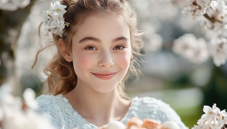 A joyful spring picnic unfolds with a young girl smiling amidst vibrant blossoms Her light blue dress and white flower crown harmonize with nature's beauty This uplifting scene captures a tranquil moment of happiness, perfect for spring-themed projects and nature lovers, celebrating the season's charm AI Generativeの素材