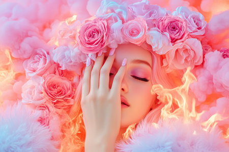 Soft-focused hands weave a pastel wildflower crown, their fragrance rising Ethereal beauty emerges, delicate hues painting a dreamy scene This image embodies soft feminine grace, the gentle magic of nature, and the enchanting artistry of floral crowns Viewers are drawn into a romantic vision of wonder AI Generativeの素材