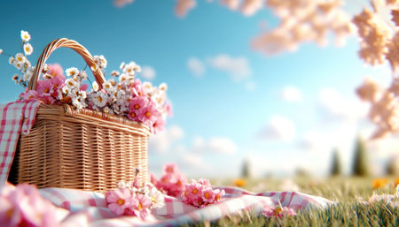 Experience a serene spring picnic in a flower-filled meadow A charming basket anchors the scene, bathed in soft light and calming hues This idyllic setting evokes joy and tranquility, perfect for celebrations or quiet reflection Embrace nature's beauty with this picturesque escape AI Generativeの素材