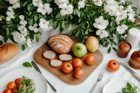 Embrace spring with a vibrant picnic! Picture friends sharing laughter and delicious food: fresh bread, juicy tomatoes, crisp apples, and a golden pear on a wooden board White flowers create a serene backdrop for this idyllic outdoor meal Let this peaceful scene grace your screens as we celebrate the season's AI Generativeの素材