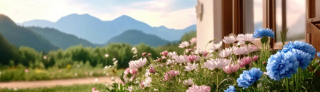 Immerse yourself in a serene wildflower field, where soft pink, white, and striking blue blooms create a vibrant tapestry against lush greenery Rolling green hills meet distant mountains, composing a tranquil landscape This picturesque scene offers a moment of calm, inviting serenity within its natural beauty AI Generativeの素材