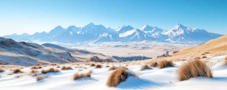 A breezy spring morning unfolds with rolling hills meeting misty mountains under a bright blue sky Snow-dusted foreground contrasts with sunlit hills, creating a serene, scenic vista This tranquil landscape invites immersion, showcasing nature's artistry in a crisp, majestic display AI Generativeの素材