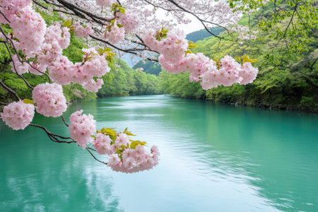 Bathed in sunlight, cherry blossoms adorn a tranquil river Vibrant pink petals contrast with turquoise waters, creating a serene springtime scene This idyllic landscape photograph captures the essence of spring, a moment of calm and natural beauty Experience the harmony of nature's artistry, a visual ode to the season's promise AI Generativeの素材