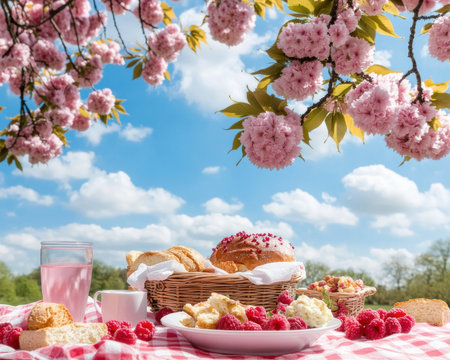 A serene countryside spring picnic unfolds beneath cherry blossoms, bathed in gentle sunlight A checkered blanket and wicker basket invite relaxation, while the warm glow enhances the blooming beauty This tranquil photo captures a perfect, magical moment of rustic charm and peaceful bliss AI Generativeの素材