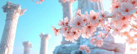 Sun-drenched pink blossoms dance in a gentle breeze, their delicate beauty contrasted against ancient ruins This serene scene captures the fleeting magic of spring, where classical architecture meets nature's gentle touch Light plays subtly, creating a timeless, tranquil, and dreamy landscape AI Generativeの素材