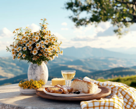 Embrace spring with a scenic outdoor picnic, boasting breathtaking views Relax on inviting blankets, savoring delightful food and joyful conversations Golden light illuminates nature's beauty, creating an unforgettable experience This picturesque spread offers the perfect opportunity to unwind and appreciate the magic of spring AI Generativeの素材