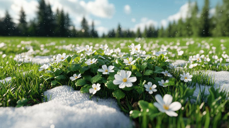 Witness nature's gentle beauty: wildflowers swaying in spring's breeze Discover delicate white blooms amidst green grass and lingering snow Perfect for nature photography and spring designs, this image captures renewal and tranquility through the serene beauty of wildflowers AI Generativeの素材