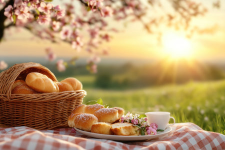 This image evokes a tranquil spring picnic beneath blossoming trees Golden sunlight bathes a vibrant spread of food, inviting you to imagine cheerful conversations and the serenity of outdoor dining Capture the essence of a peaceful meal, embraced by nature's beauty AI Generativeの素材