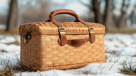 A classic woven picnic basket rests amidst a snowy landscape, evoking the anticipation of a spring picnic This image blends the warmth of outdoor enjoyment with a touch of winter's tranquility It's a timeless invitation to leisurely meals and fresh air, ideal for nature lovers seeking the perfect outdoor escape AI Generativeの素材