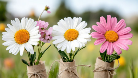 A close-up captures the heart of spring: daisies with pink, white petals and yellow centers bloom in a lush meadow Wildflowers in full bloom create a vibrant, harmonious natural scene of greens and varied colors The blurred background enhances the daisies' beauty, highlighting their delicate details and the overall natural AI Generativeの素材