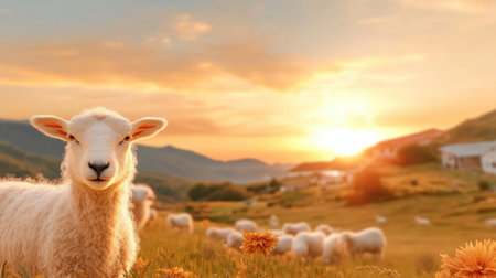 A breathtaking spring valley awakens with golden light Sheep graze peacefully in lush, sun-kissed meadows at dawn This serene, idyllic scene captures rural tranquility Witness the pastoral charm of farm animals grazing, as a beautiful sunrise paints the landscape A timeless picture of peace and nature AI Generativeの素材
