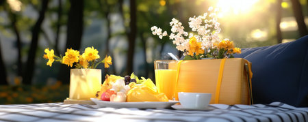 A sun-drenched spring picnic unfolds in this photo, capturing joyous togetherness amidst a blooming countryside Loved ones gather around a delightful spread of fresh fruits, vibrant flowers, and refreshing orange juice The golden light enhances the scene's serene beauty, perfectly embodying the essence of joyful outdoor gatherings AI Generativeの素材