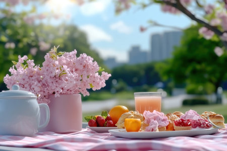 A pastel spring picnic unfolds with a blanket nestled among blooming flowers The air, sweet with floral and pastry scents, mingles with warm sun Fresh juice and tea accompany the delectable treats This scene captures the pure joy and relaxation of a perfect outdoor moment AI Generativeの素材