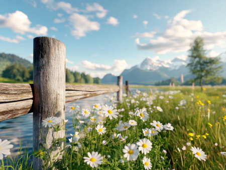 Experience a peaceful spring morning: fragrant wildflowers sway in gentle breezes across a vibrant field, bordered by a rustic fence This calming scene, bursting with color, is ideal for backgrounds, prints, or digital art, showcasing nature's detailed beauty and the splendor of a perfect spring day AI Generativeの素材