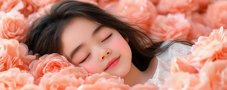 A sleeping child, face serene and content, lies nestled amidst delicate pastel flowers Their dreamy smile and the fragrant floral bed evoke a sense of profound peace and tranquility This enchanting scene captures pure innocence in a "floral dream," perfect for creating a calming atmosphere AI Generativeの素材