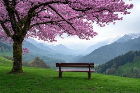 Escape to spring's serenity with this image: a lone wooden bench nestled under a blossoming cherry tree A vast green meadow unfolds towards distant mountains, creating a tranquil scene perfect for contemplation Ideal for nature lovers, meditation, or a stunning background, this captures spring's beauty in vibrant color AI Generativeの素材