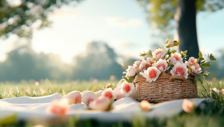 Escape to a tranquil spring meadow with this image of a cozy picnic A vibrant basket of flowers highlights the idyllic scene, inviting you to relax on a blanket surrounded by nature's beauty This is a moment of joy and peace, the perfect outdoor escape to enjoy the season AI Generativeの素材