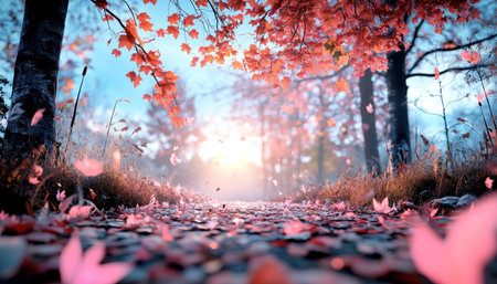 Escape into a hidden wildlife haven along a secluded forest pathway Vibrant autumn leaves in fiery red and orange blanket the ground as the setting sun casts a warm glow This tranquil scene captures a peaceful forest trail, inviting you to wander through nature's beauty AI Generativeの素材
