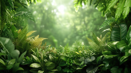 Immerse yourself in a serene forest glade, where vibrant plants and diverse animals coexist peacefully Lush green foliage creates a tranquil, immersive experience This scene, ideal for backgrounds or nature studies, highlights biodiversity and the beauty of the natural world, with light filtering through the leaves Perfect for promoting conservation AI Generativeの素材