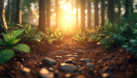 Escape to a tranquil forest trail, bathed in golden morning light Untouched wilderness surrounds you, offering peace and serenity Verdant foliage and ancient trees line a pathway, showcasing nature's beauty This breathtaking scene is perfect for nature lovers seeking calming visuals and the magic of the forest AI Generativeの素材