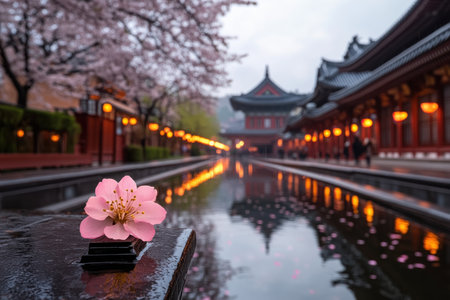Experience a tranquil springtime scene: cherry blossoms drift along a sunlit river, reflecting traditional architecture Delicate pink flowers and glowing lanterns line the banks, blending nature's beauty with cultural charm Discover this captivating moment where serenity reigns, and ancient grace meets ephemeral blossoms AI Generativeの素材