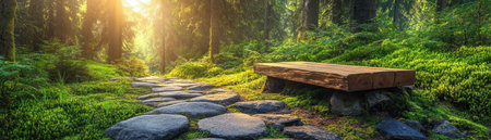 Escape to a tranquil forest trail where dappled sunlight illuminates a mossy path leading to a rustic bench Shadows dance as you immerse yourself in nature's beauty It's a peaceful haven for contemplation, inviting rest and a deep connection with the enchanted woods AI Generativeの素材