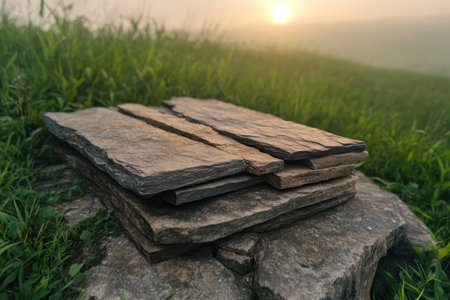 A misty dawn reveals a tranquil landscape where dew-kissed grass shimmers Cool tones highlight the serenity of nature, with vibrant greens contrasting against smooth stones This outdoor photograph captures a peaceful sunrise, offering a moment of calm and showcasing the quiet beauty of the natural world AI Generativeの素材