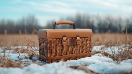 Escape to the countryside with this classic brown picnic basket, perfect for a charming spring outing Picture laughter echoing through rolling hills as you savor delicious treats and nature's bounty This invitation to simple joys promises relaxation and outdoor enjoyment in a rustic setting Get ready for your perfect picnic AI Generativeの素材