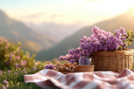 Escape to a serene spring picnic Picture blooming meadows, rolling hills, and a gentle natural hum A delightful basket, plaid blanket, fresh grapes, and vibrant purple flowers await, bathed in the warm glow of the setting sun Relax, enjoy, and discover tranquility and beauty in this perfect scenic vista AI Generativeの素材