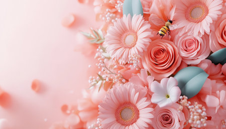 Immerse yourself in a tranquil garden scene Pastel flowers bloom harmoniously as bees buzz softly This unique, high-resolution image, perfect for calm spring, is ideal as a background, wallpaper, or design element Add a touch of serenity and natural beauty with this calming, floral backdrop AI Generativeの素材