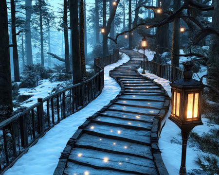 Venture into a shadowy forest path, where lantern light unveils snow-dusted trees and enchanting mysteries This tranquil winter scene, bathed in warm light, invites exploration Perfect for nature lovers and fantasy enthusiasts, it offers a serene escape and the promise of adventure around every picturesque turn AI Generativeの素材