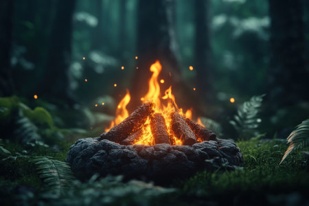 Escape to a tranquil wilderness captured in this photograph Verdant flora, peaceful wildlife, and a cozy campfire nestled in a forest create a captivating scene Experience the warmth of nature's harmony, a vibrant green ecosystem illuminated by firelight Perfect for nature lovers seeking an escape AI Generativeの素材