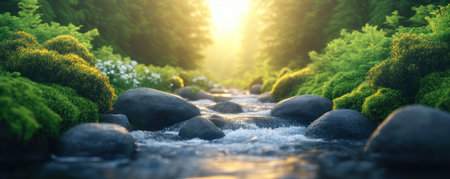 Escape to a serene spring brook where gentle waters flow over mossy rocks Sunlight filters through a canopy of flowering trees, illuminating the tranquil scene Lush greens and dark rocks create a peaceful forest setting This landscape artwork invites you to unwind in nature's idyllic beauty AI Generativeの素材