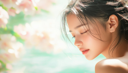 A woman embodies serene beauty against a soft, pink-and-white floral background Like a wildflower field, the scene evokes peace and harmony The focused foreground and gentle background create a balanced, tranquil natural atmosphere, showcasing a captivating blend of calm human presence and nature's essence AI Generativeの素材